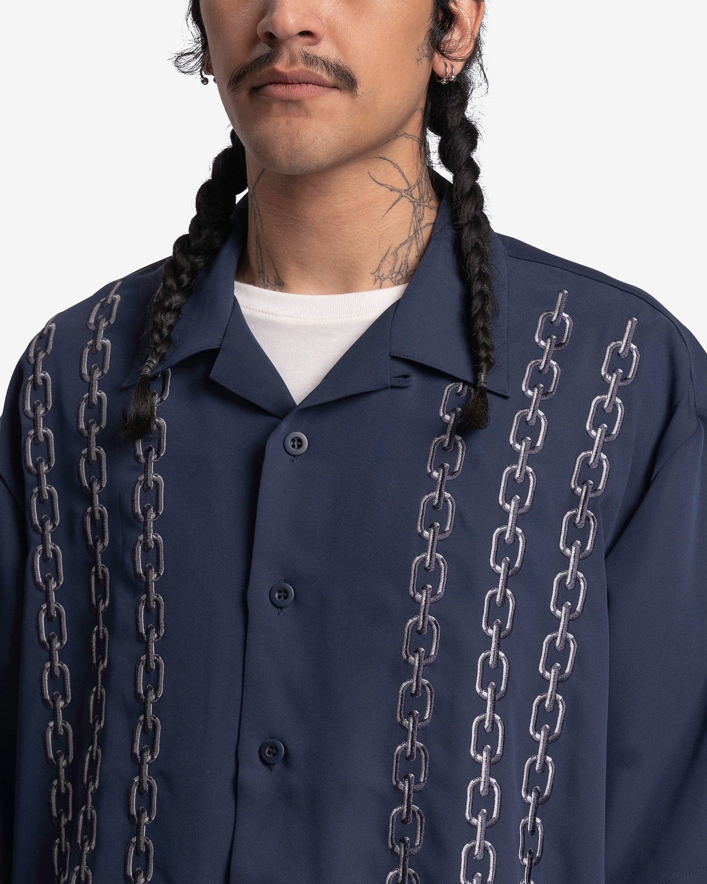Willy Chavarria Men's Shirts Chain Embroidery Open Collar Shirt in Navy
