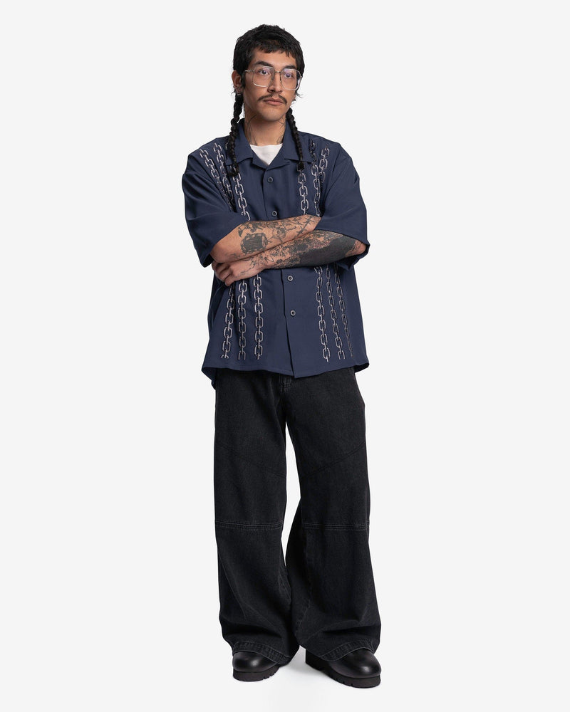 Willy Chavarria Men's Shirts Chain Embroidery Open Collar Shirt in Navy