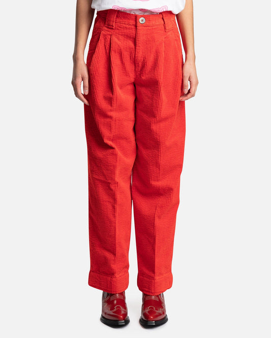 Ganni Women Pants Corduroy Loose Fit Mid Waist Pleat Pants in Fiery Red