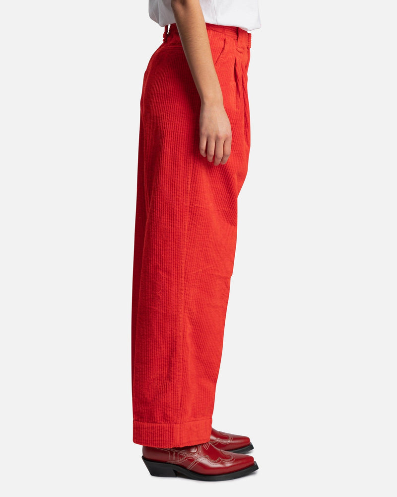 Ganni Women Pants Corduroy Loose Fit Mid Waist Pleat Pants in Fiery Red