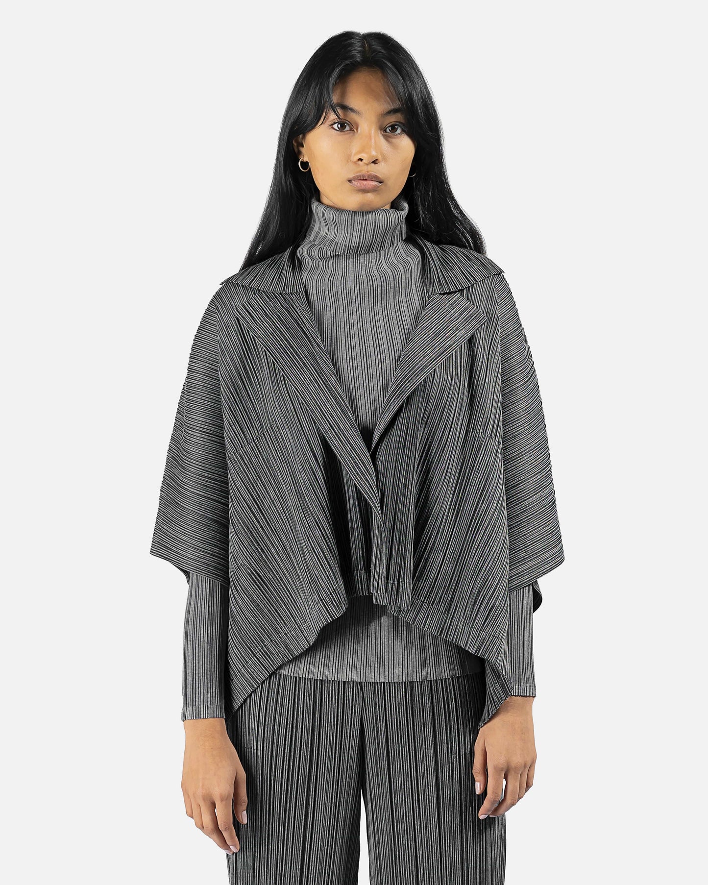 Pleats Please Issey Miyake Women Jackets Cotton Pinstripe Cardigan in Grey