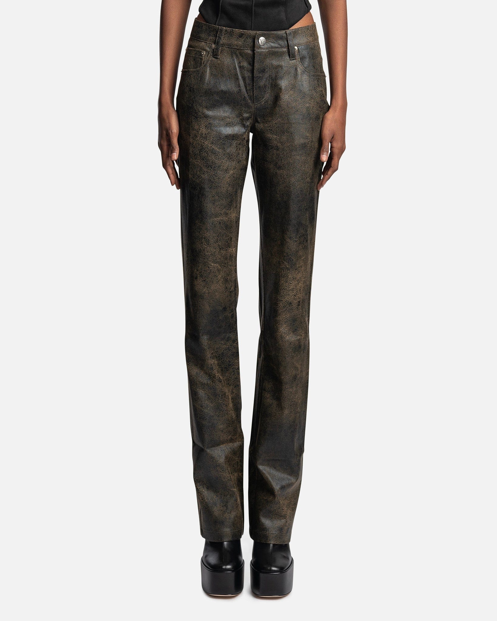 MISBHV Women Pants Cracked Vegan Leather Trousers in Brown