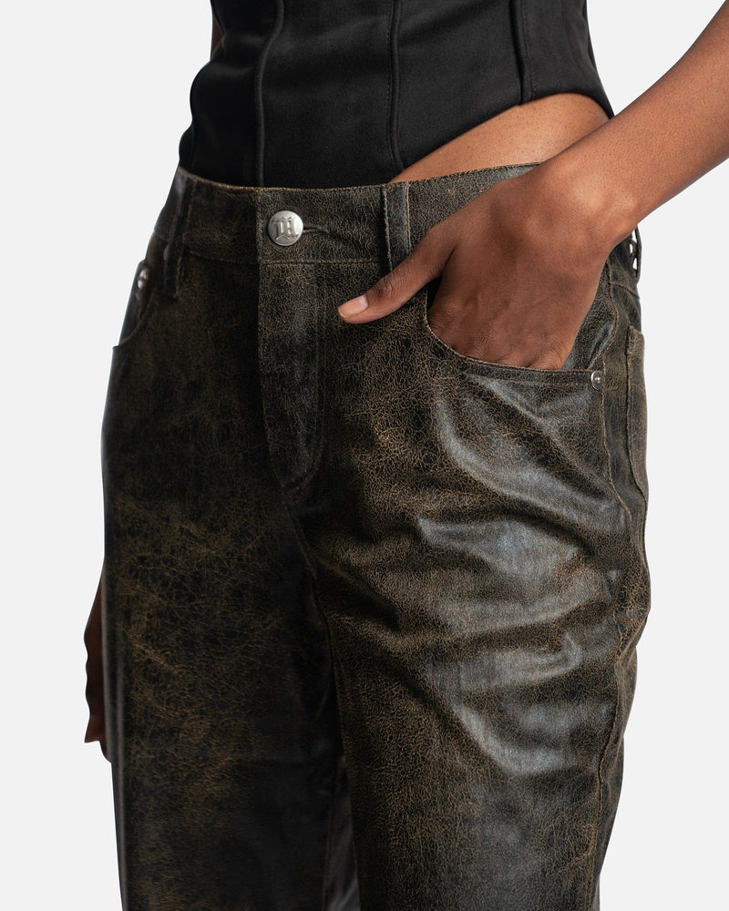 MISBHV Women Pants Cracked Vegan Leather Trousers in Brown