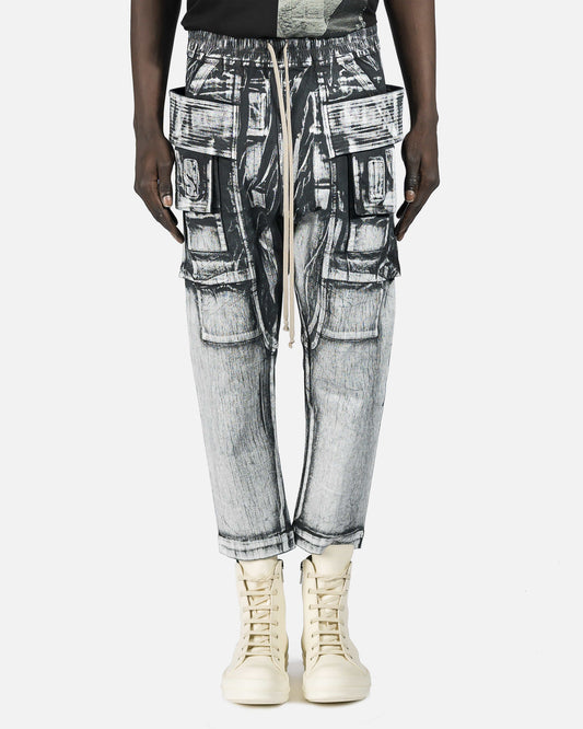 Rick Owens DRKSHDW Men's Pants Cropped Denim Creatch Cargo Drawstring in Milk/Black
