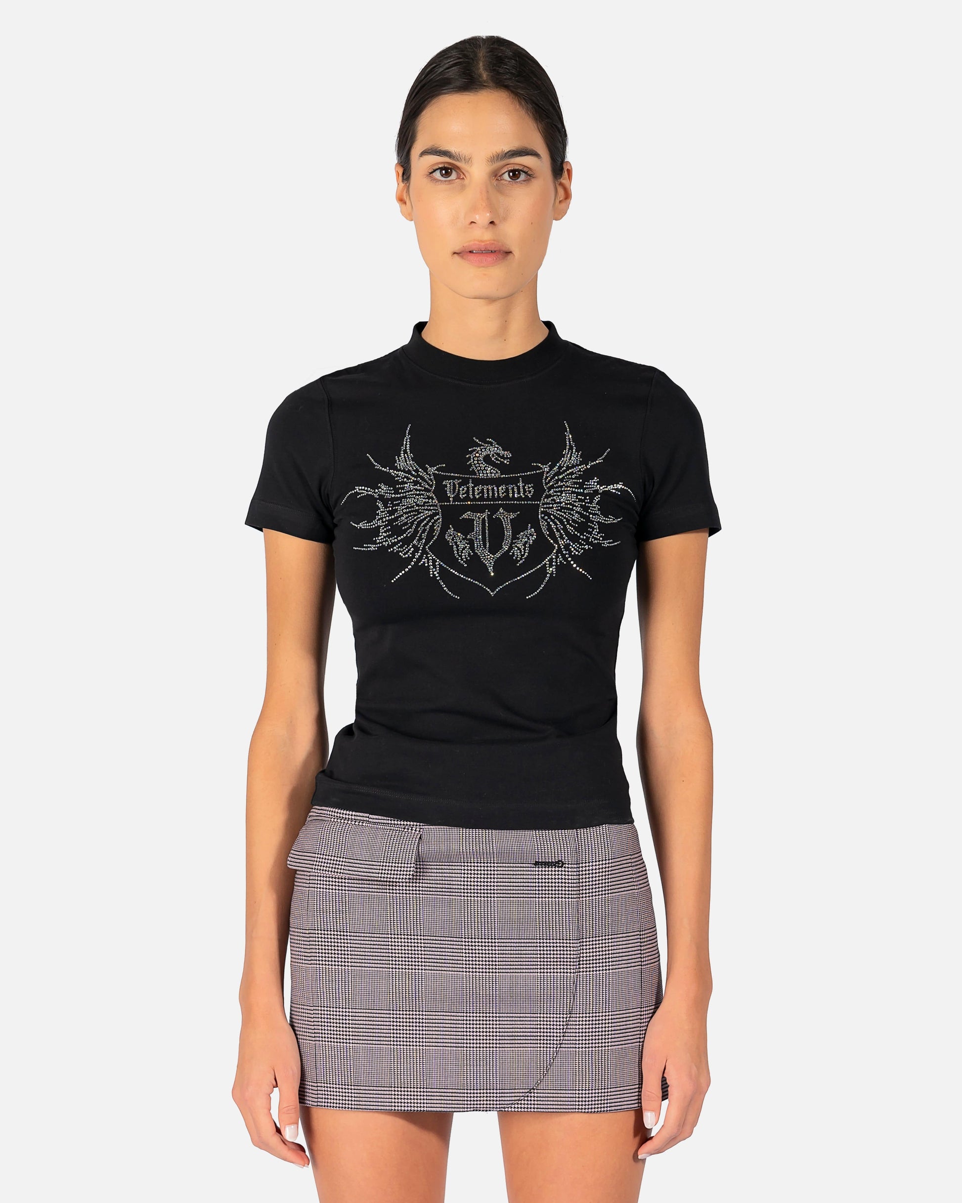 VETEMENTS Women T-Shirts Crystal Logo Fitted T-Shirt in Black