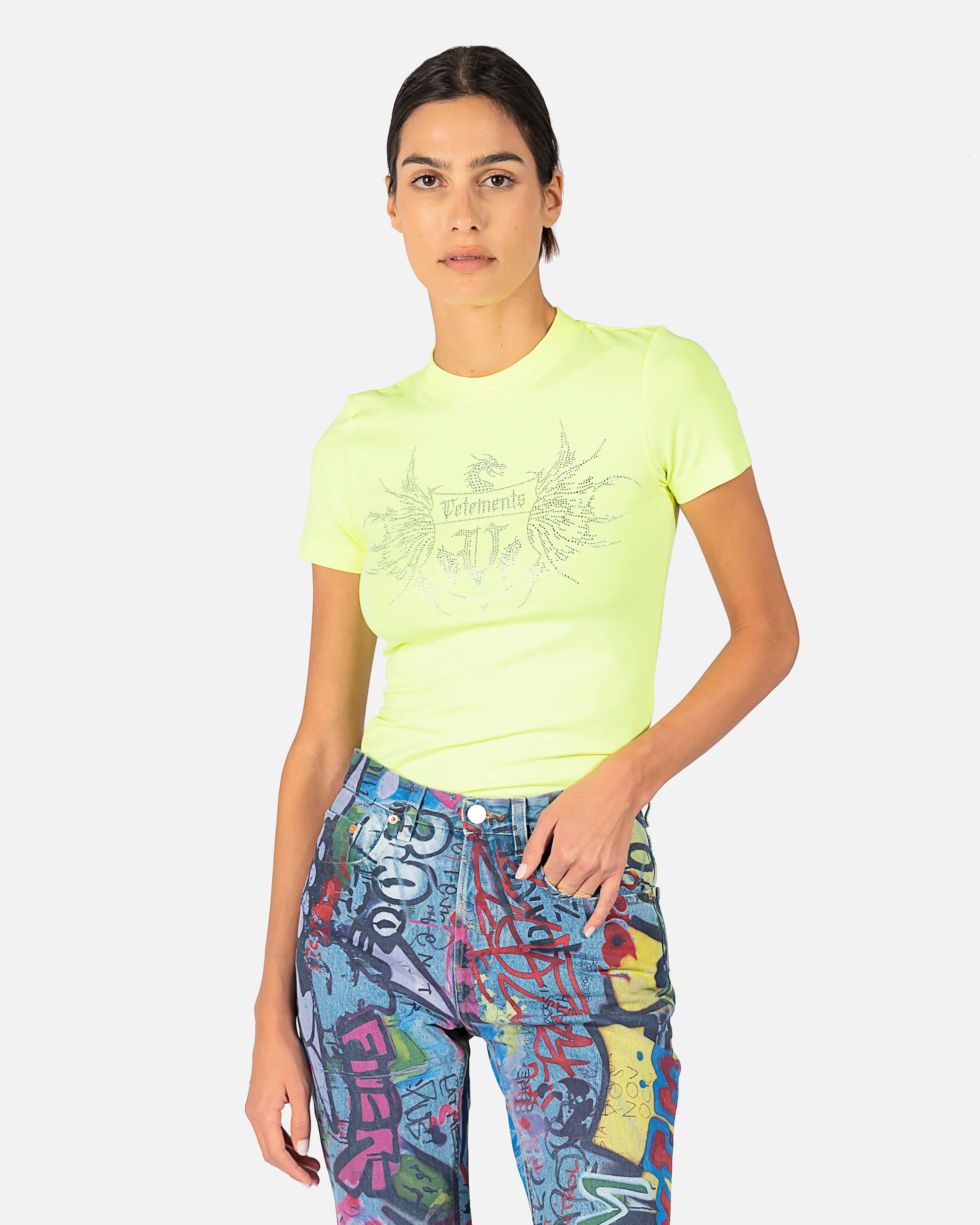 VETEMENTS Women T-Shirts Crystal Logo Fitted T-Shirt in Neon Yellow