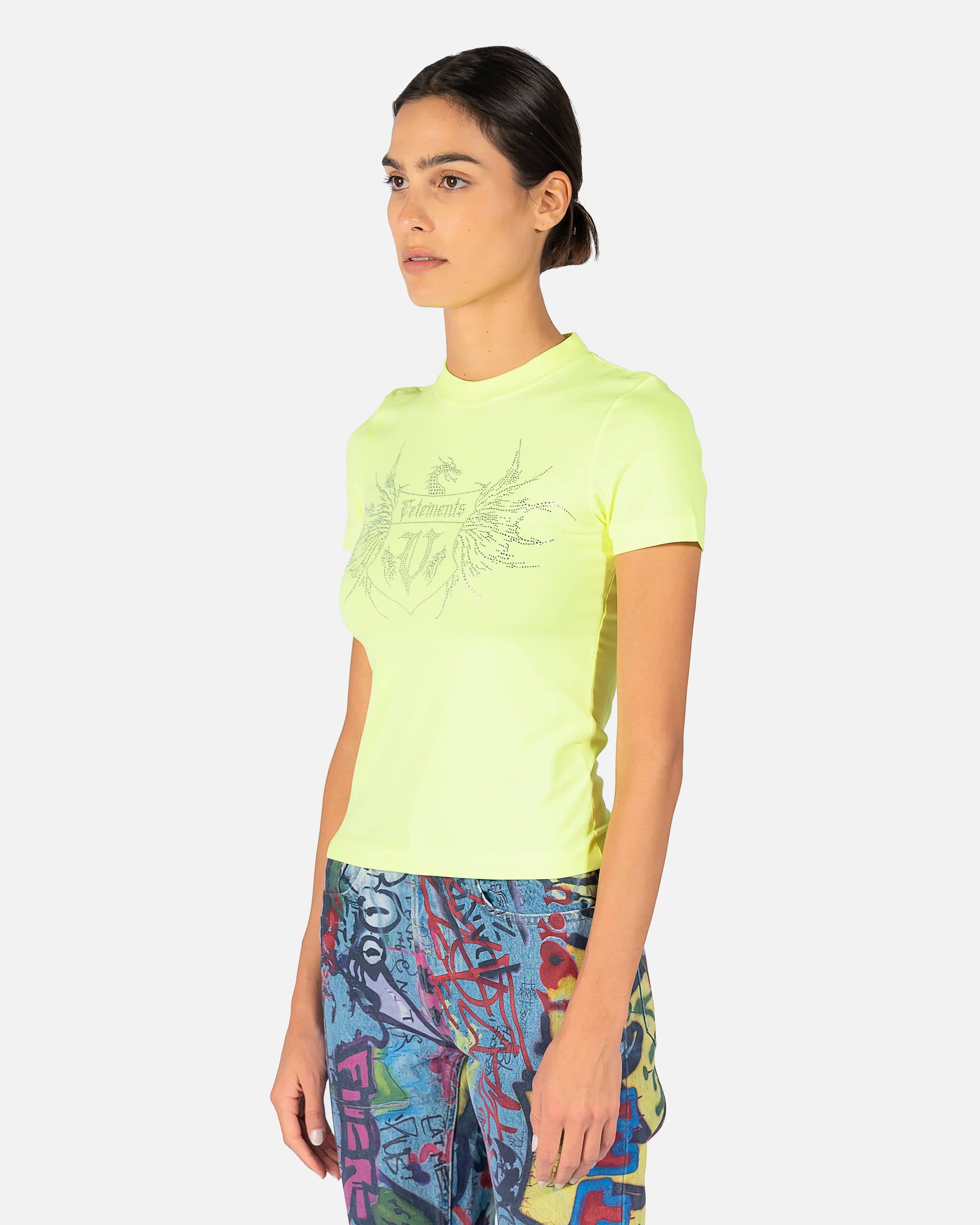 VETEMENTS Women T-Shirts Crystal Logo Fitted T-Shirt in Neon Yellow