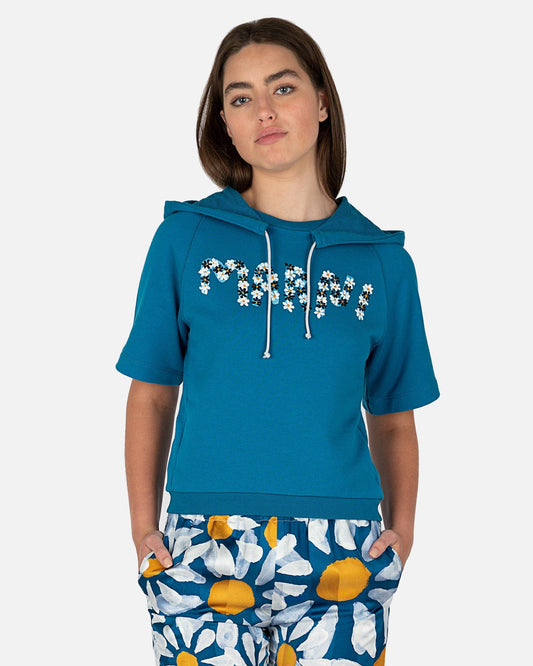 Marni womens sweatshirt Daisy Logo Print Cotton Hooded Sweatshirt in Royal