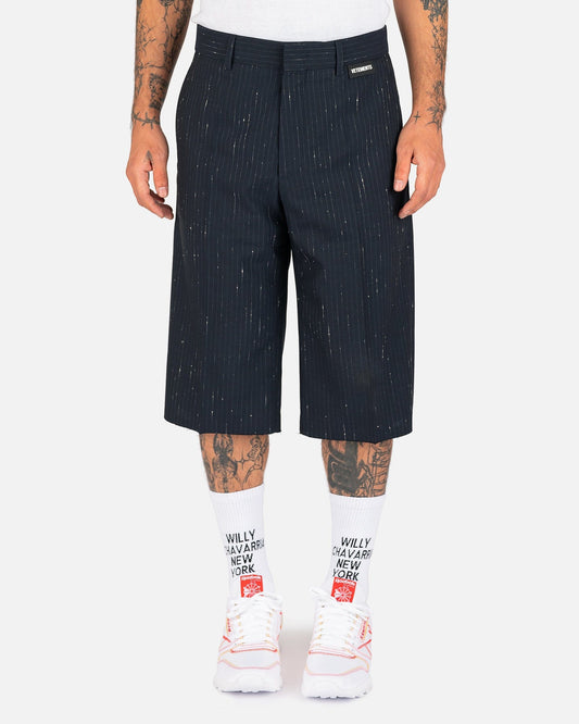 VETEMENTS Men's Shorts Destroyed Pinstripe Tailored Shorts in Navy