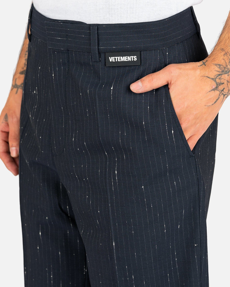 VETEMENTS Men's Shorts Destroyed Pinstripe Tailored Shorts in Navy