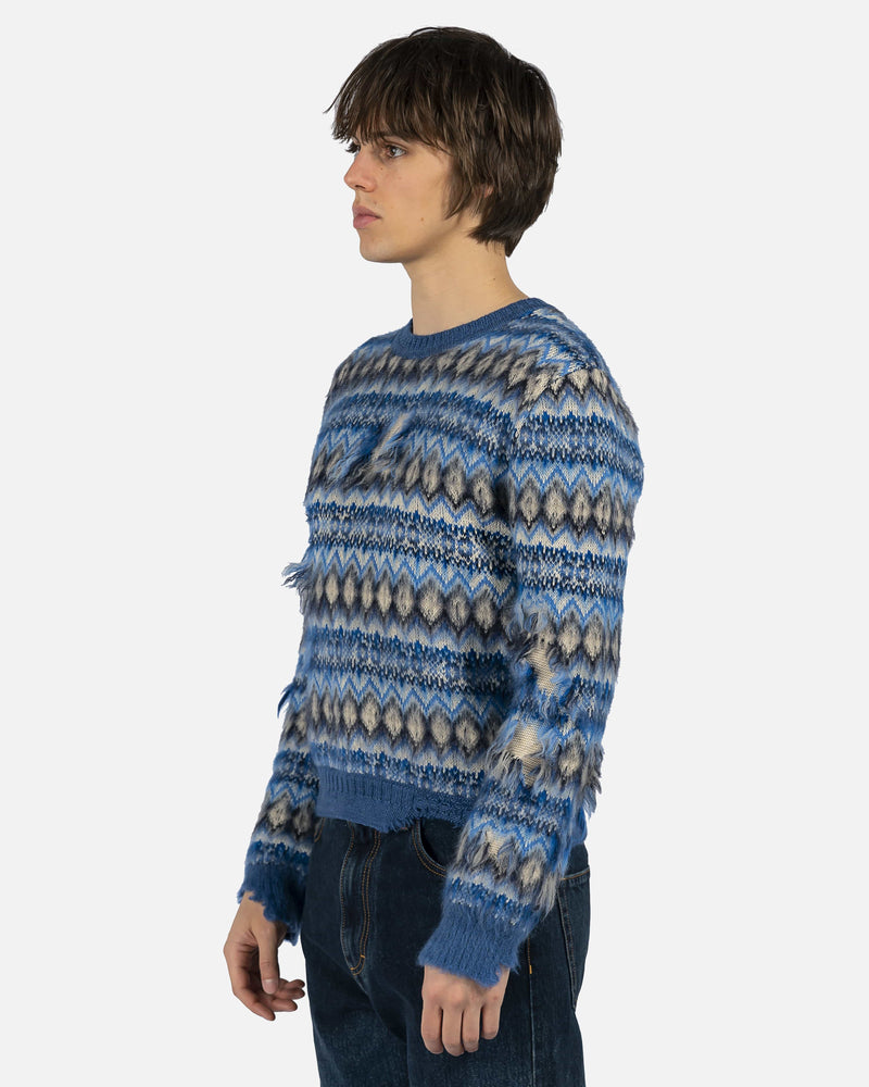 Maison Margiela mens sweater Distressed Intarsia Sweater in Blue