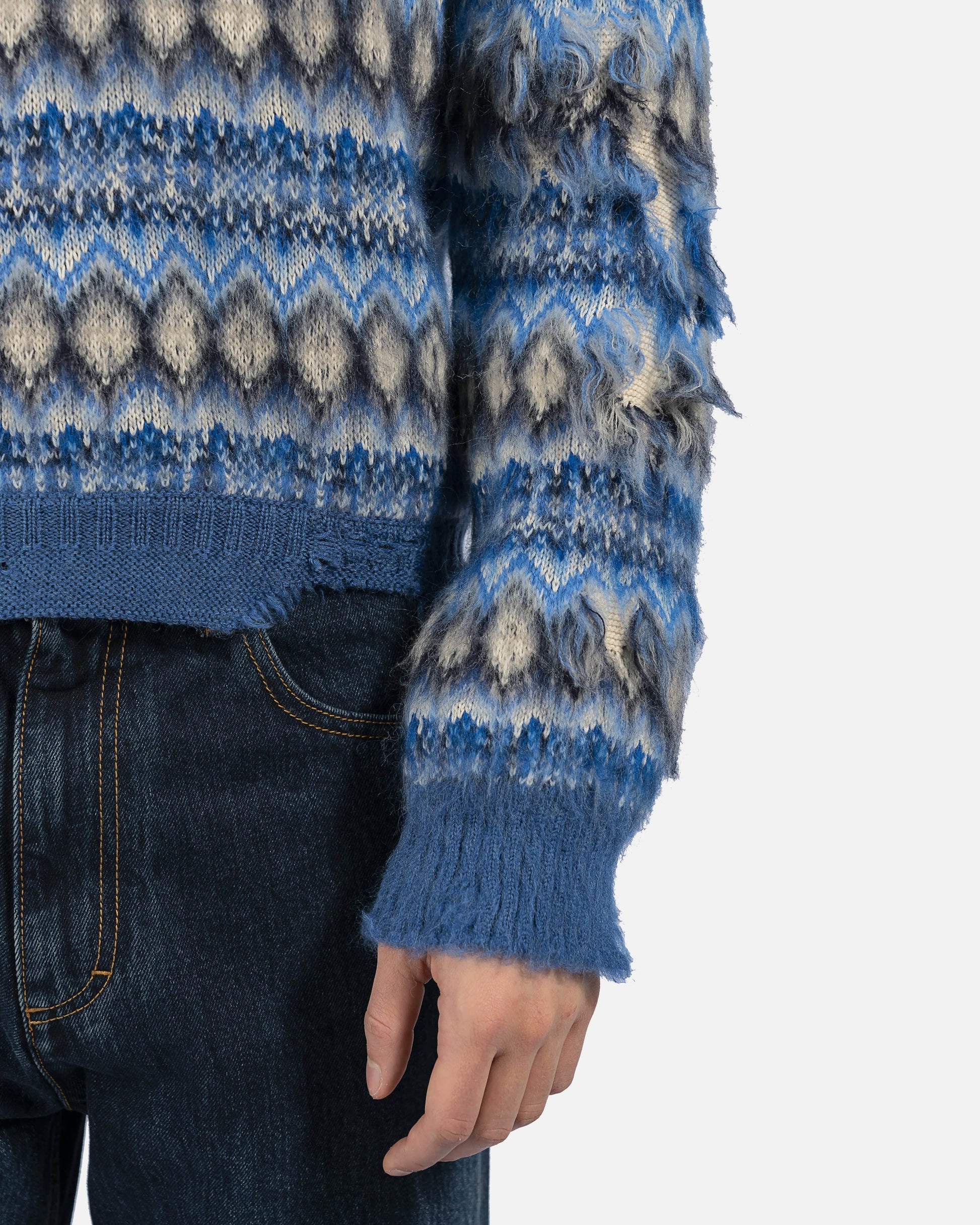 Maison Margiela mens sweater Distressed Intarsia Sweater in Blue