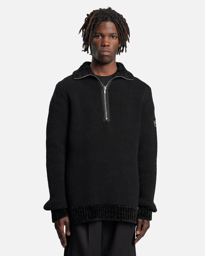 Raf Simons mens sweater Double Layered Fishermen Sweater with Short Zip in Black