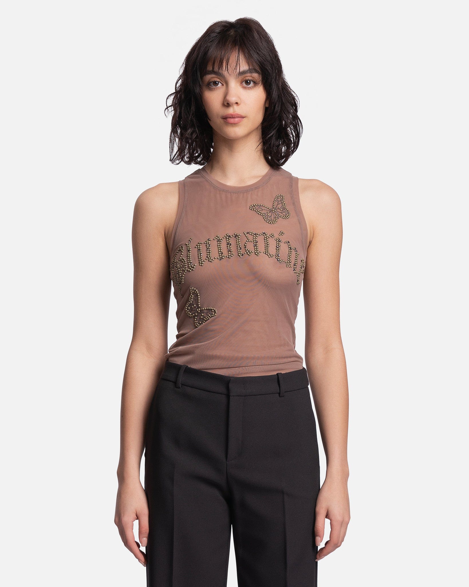 Blumarine Women Tops Embroidered Logo and Butterflies Tulle Top in Deep Taupe
