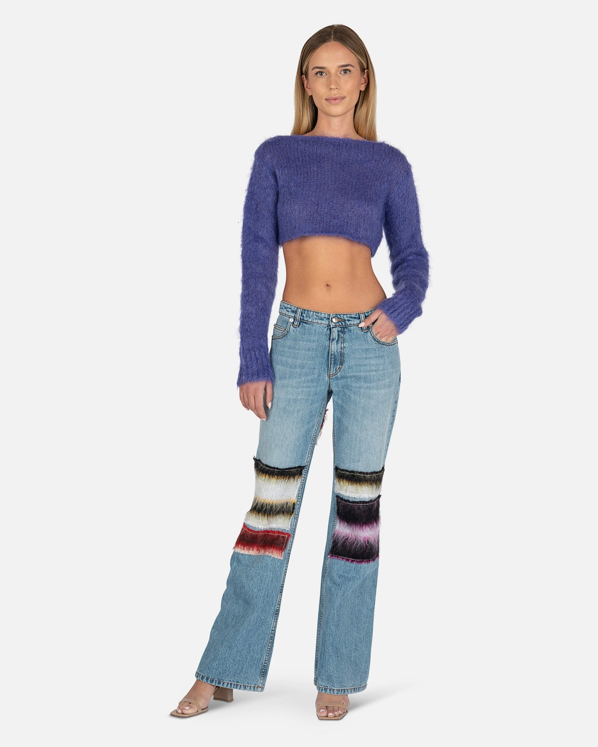 Marni Women Pants Embroidered Stripe Patch Relaxed Denim in Iris Blue