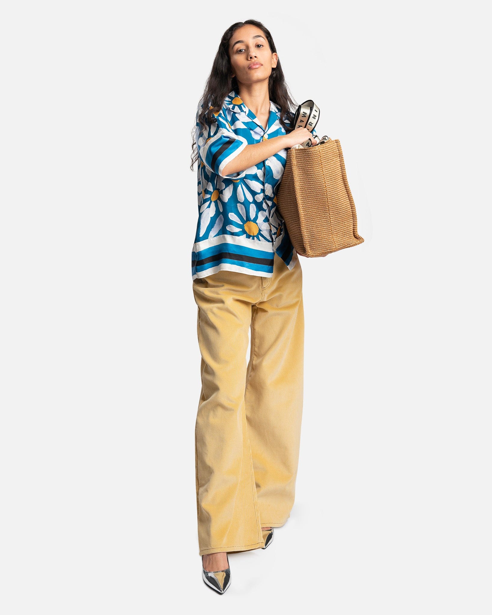 Marni Women Tops Euphoria Print Silk Camp Collar Button Up in Blue