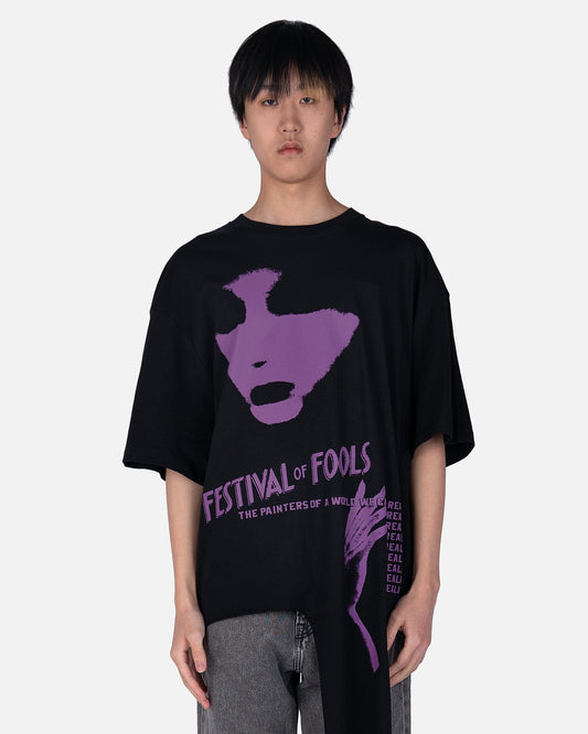 Raf Simons Men's T-Shirts Festival of Fools Oversized T-Shirt with Cut Out in Black