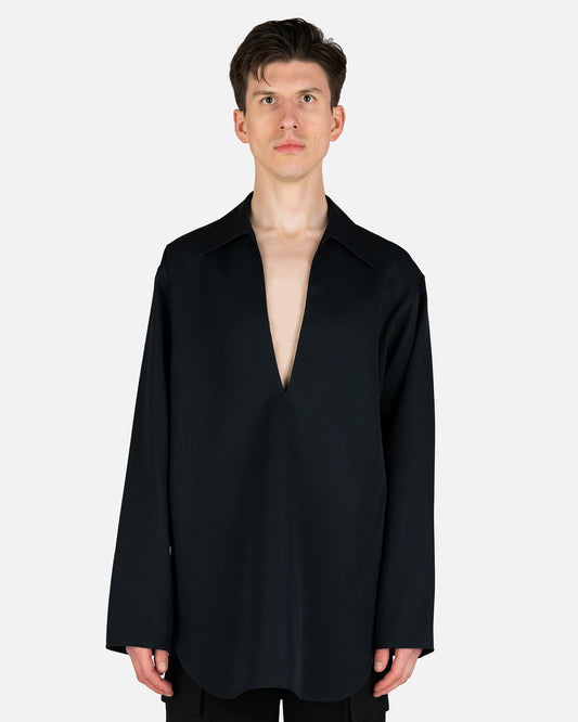 Jil Sander Men's Shirts Fine Dry Wool V-Neck Shirt in Blue Notte