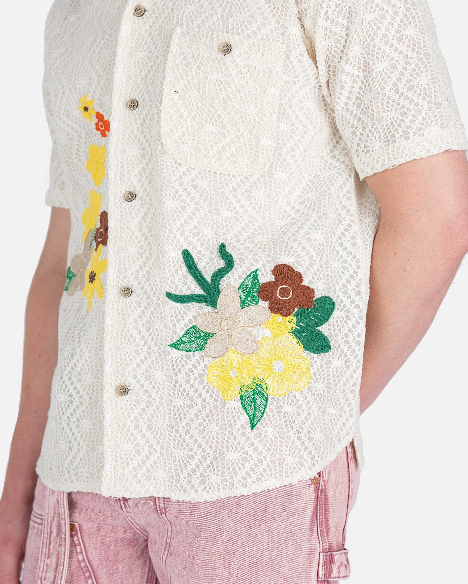 Andersson Bell Women Tops Flower Embroidery Open Collar Shirt in White