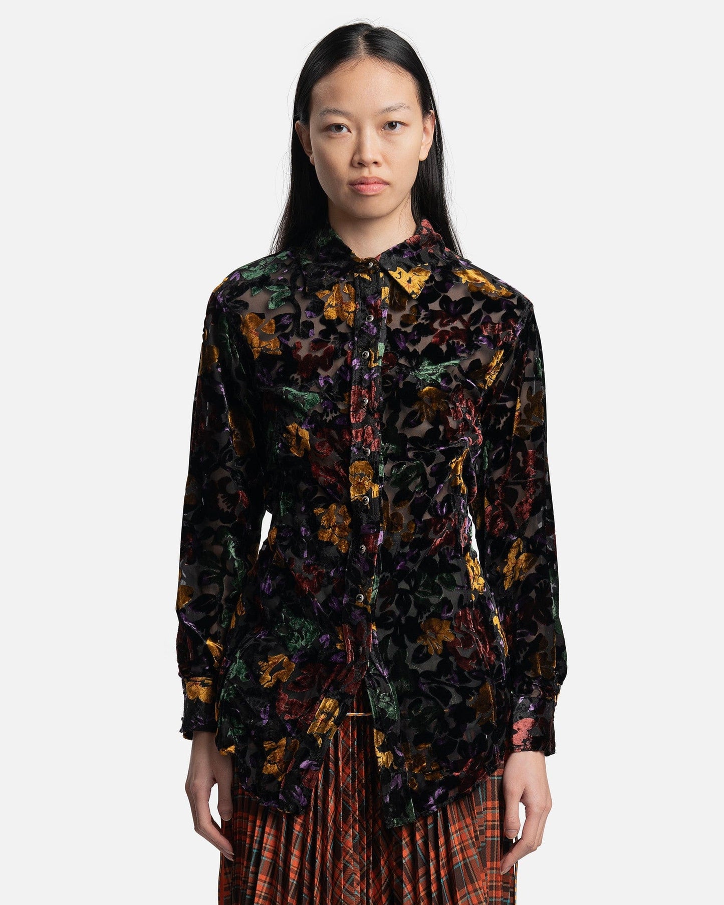 Andersson Bell Women Tops Flower Mesh Velvet Wire Shirts in Multi/Black