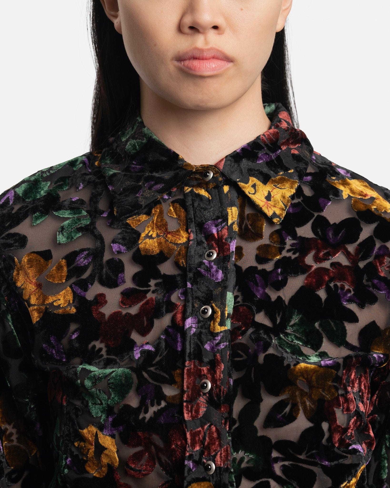 Andersson Bell Women Tops Flower Mesh Velvet Wire Shirts in Multi/Black