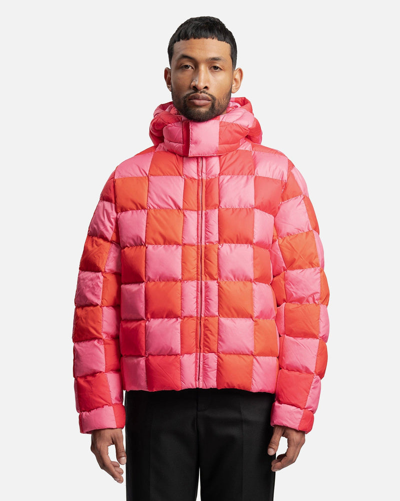 Gradient Checker Hooded Puffer Coat in Pink - Main Image