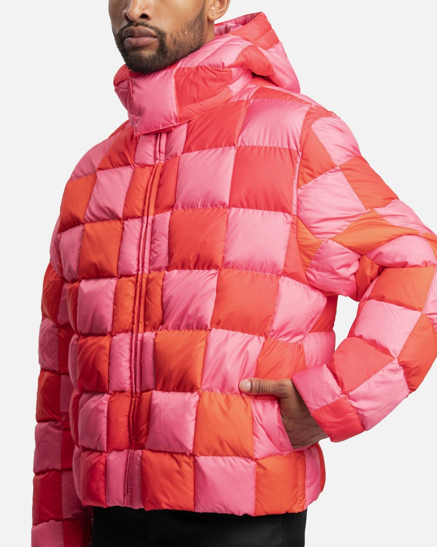 ERL Men's Jackets Gradient Checker Hooded Puffer Coat in Pink