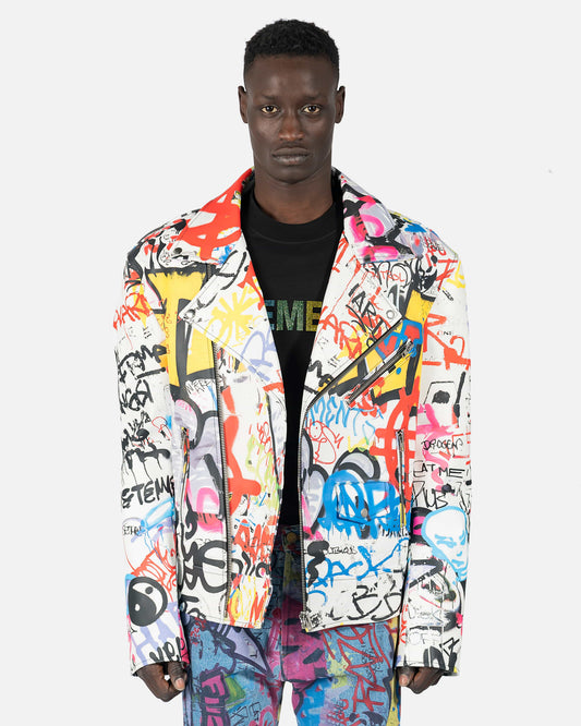 VETEMENTS Men's Jackets Graffiti Biker Jacket in White