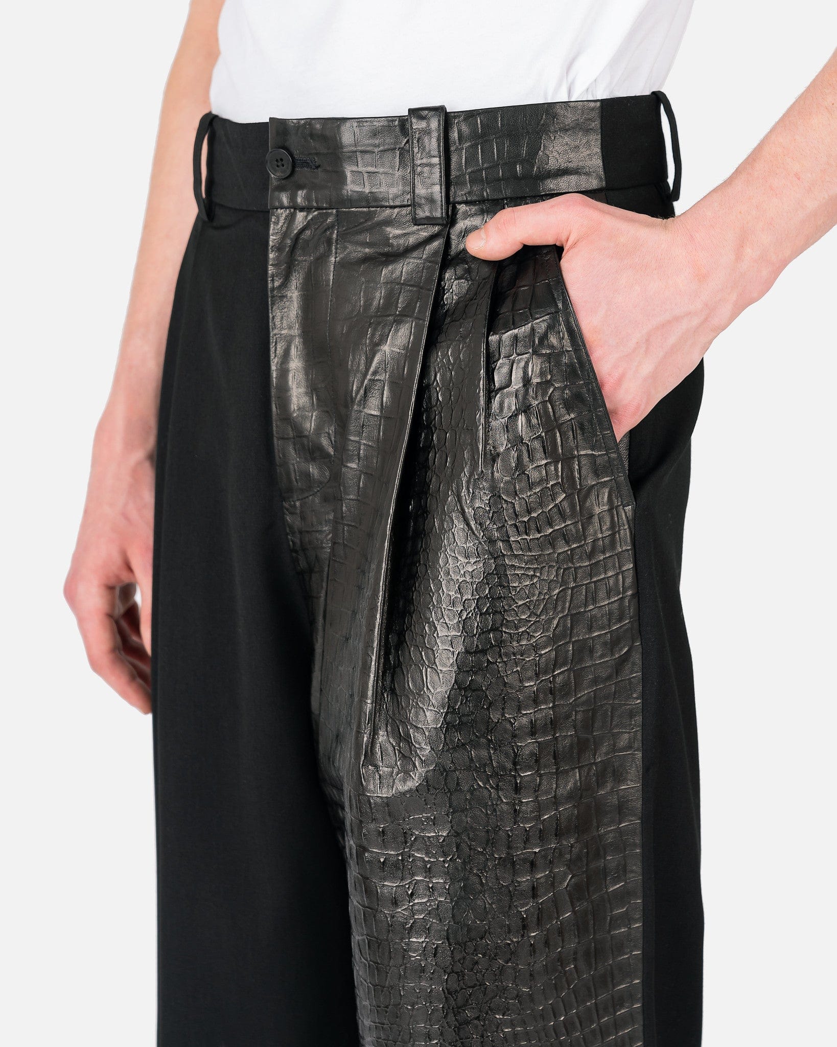 Feng Chen Wang Men's Pants Half Faux Leather Trousers in Black