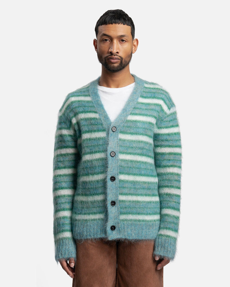 Marni Men's Sweater Iconic Brushed Striped Cardigan in Turquoise