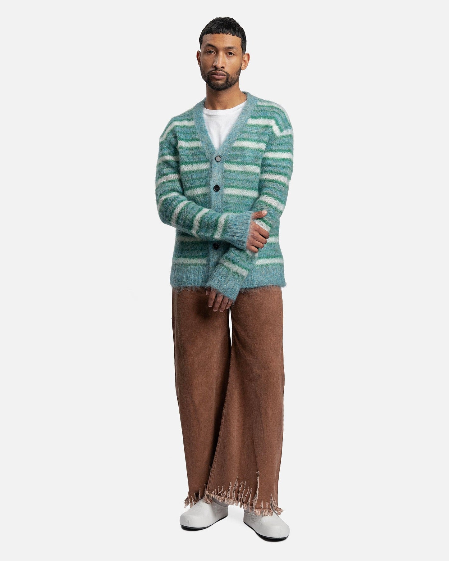 Marni Men's Sweater Iconic Brushed Striped Cardigan in Turquoise