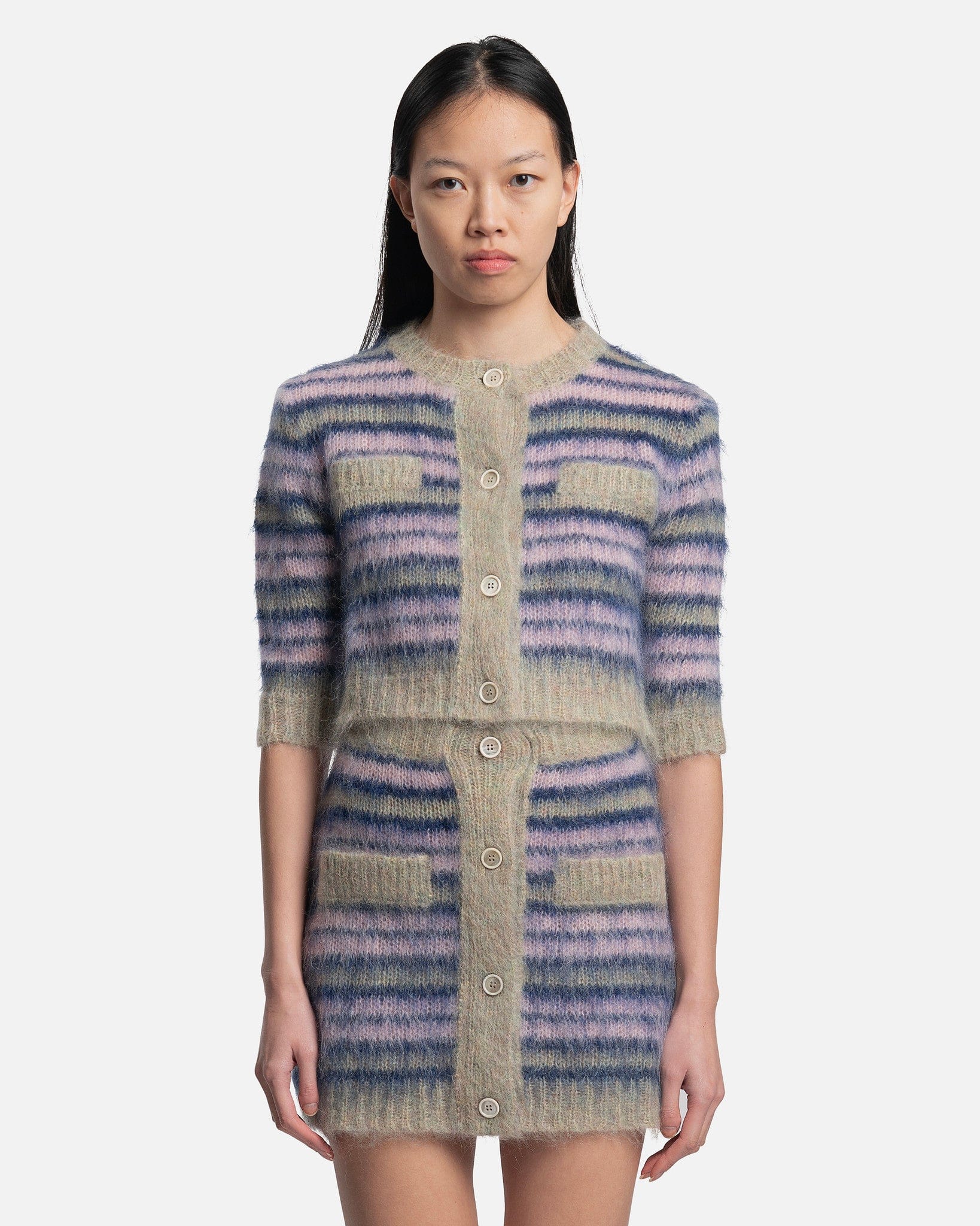 Marni Women Sweaters Iconic Brushed Striped Crop Cardigan in Azalea