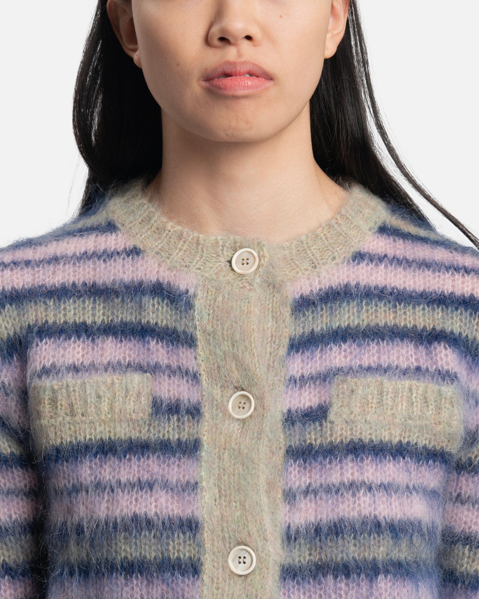 Marni Women Sweaters Iconic Brushed Striped Crop Cardigan in Azalea