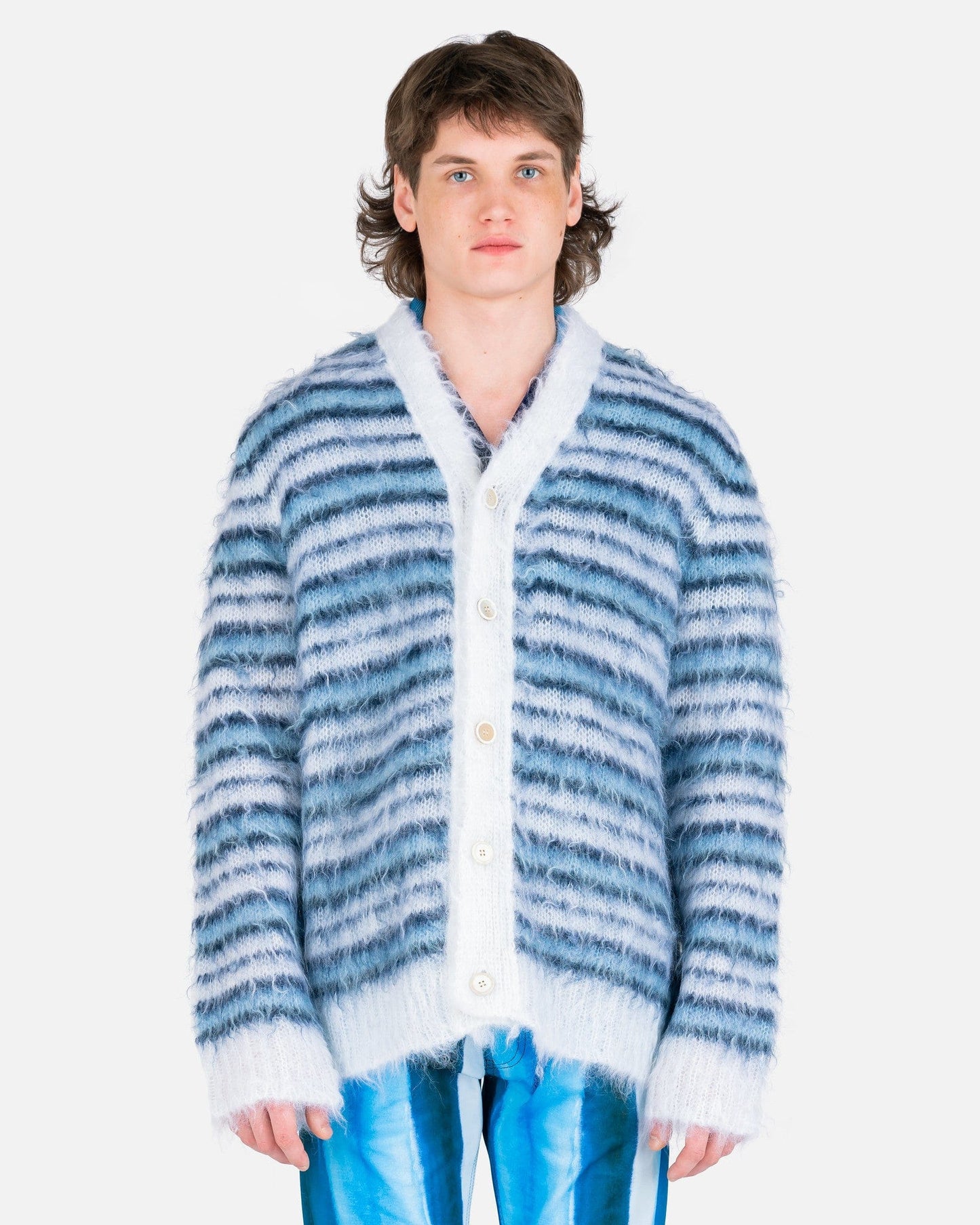 Marni Men's Sweatshirts Iconic Groovy Striped Mohair Cardigan in Lilly White