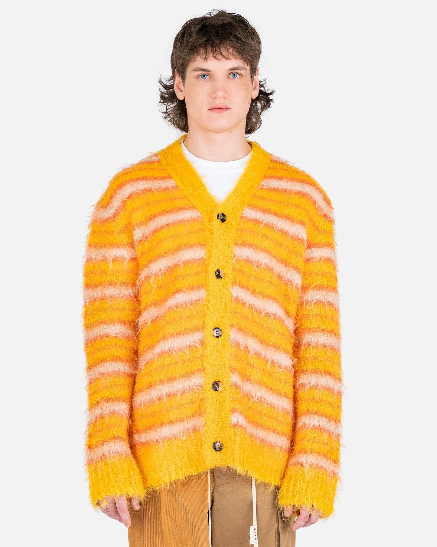Marni Men's Sweatshirts Iconic Groovy Striped Mohair Cardigan in Maize