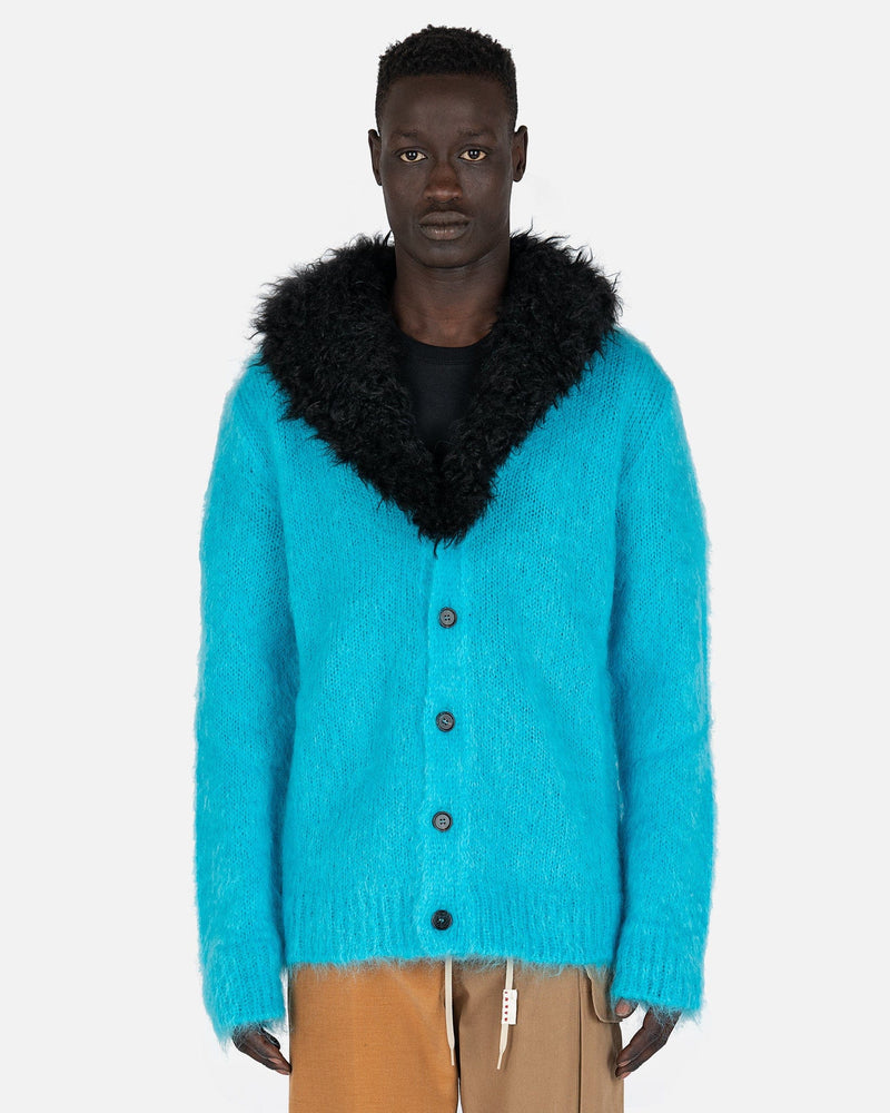 Marni Men's Sweatshirts Iconic Solid Color Mohair Cardigan in Turquoise
