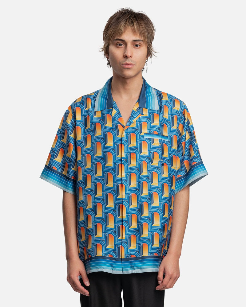Casablanca Men's Shirts L'Arche De Nuit Cuban Collar Short Sleeve Shirt in Silk Twill Blue