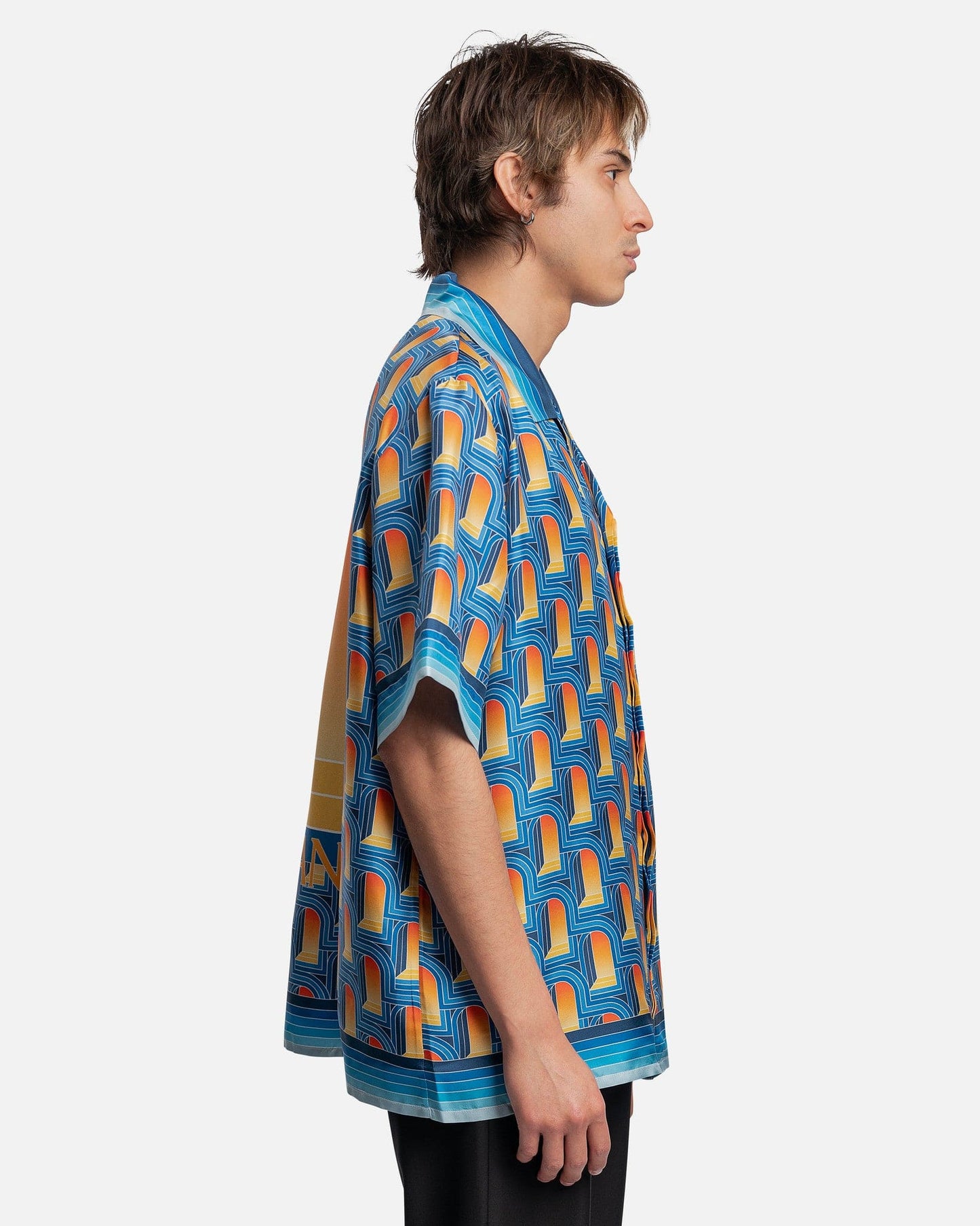 Casablanca Men's Shirts L'Arche De Nuit Cuban Collar Short Sleeve Shirt in Silk Twill Blue