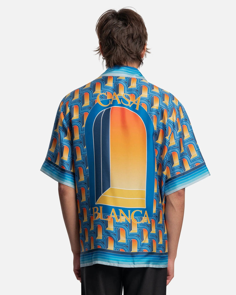 L'Arche De Nuit Cuban Collar Short Sleeve Shirt in Silk Twill Blue