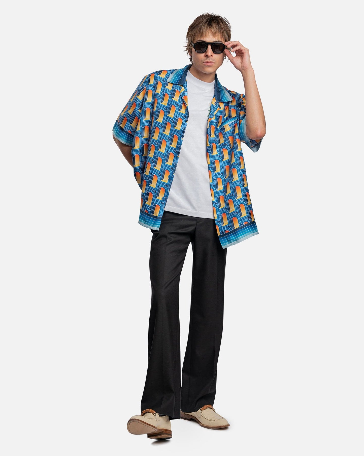 Casablanca Men's Shirts L'Arche De Nuit Cuban Collar Short Sleeve Shirt in Silk Twill Blue