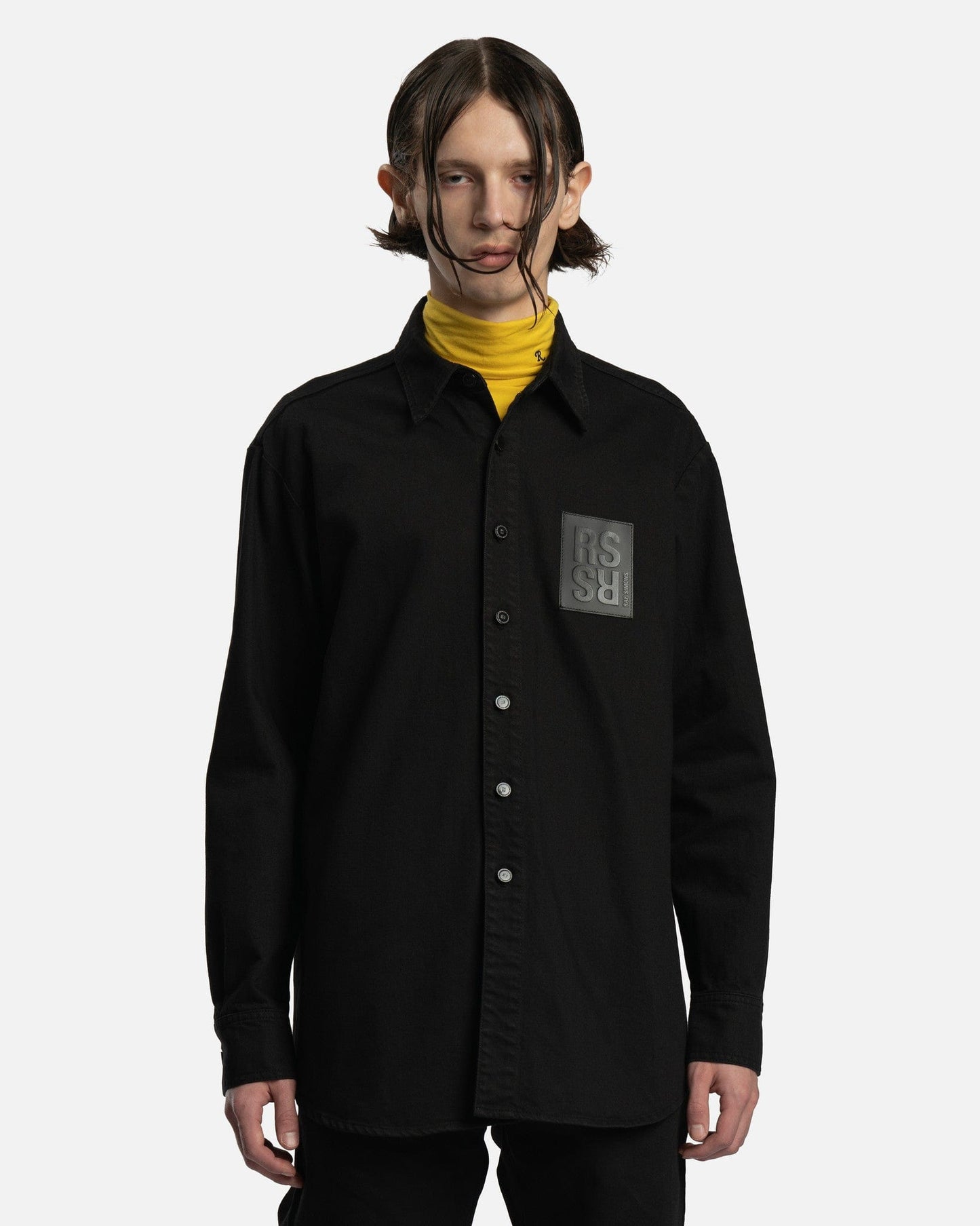 Raf Simons Men's Shirts Leather Patch Straight Fit Denim Shirt in Black