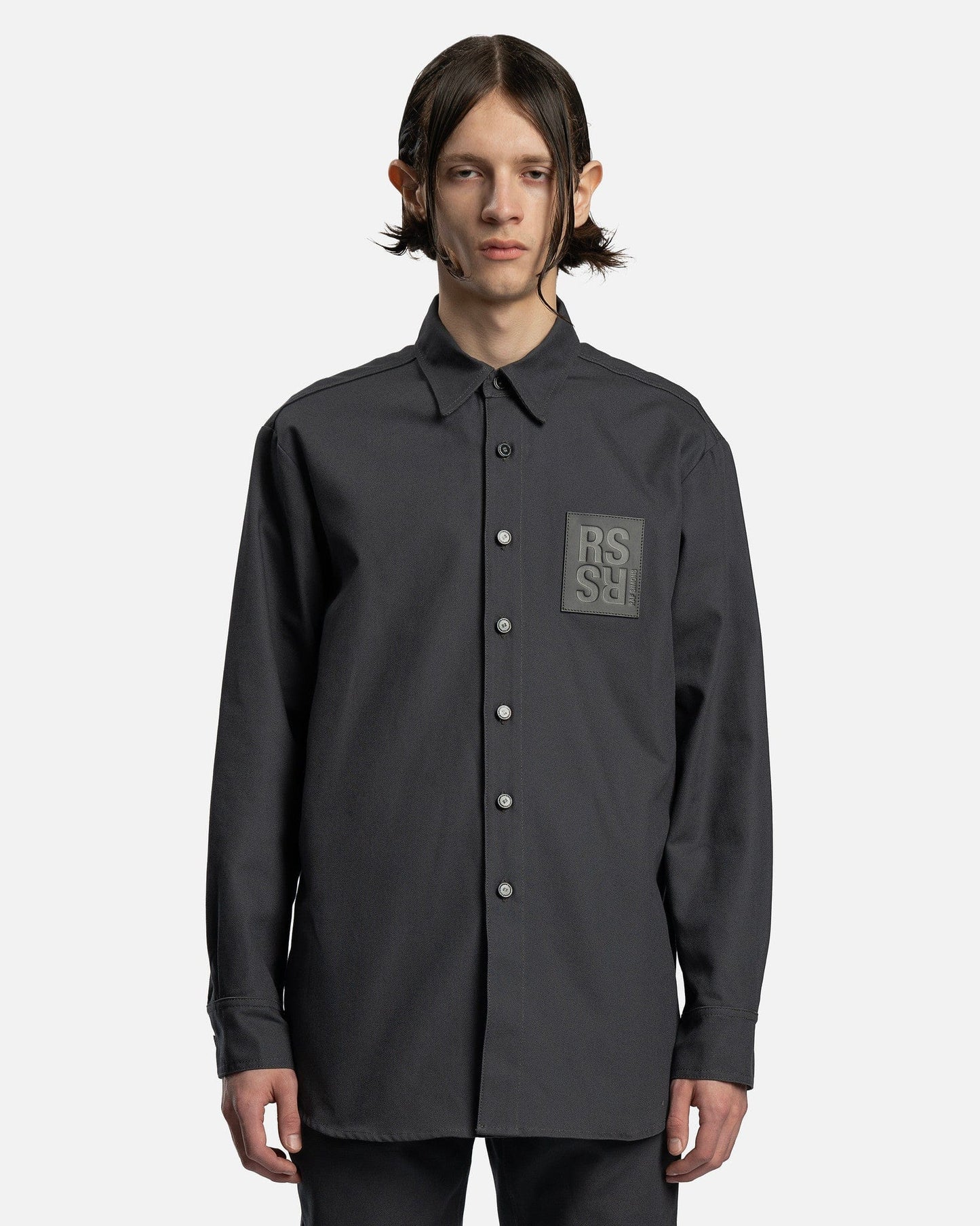 Raf Simons Men's Shirts Leather Patch Straight Fit Denim Shirt in Dark Grey