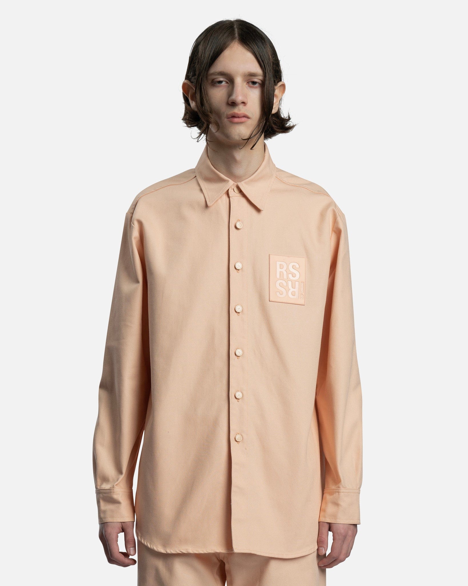 Raf Simons Men's Shirts Leather Patch Straight Fit Denim Shirt in Salmon