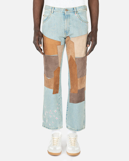 ERL Men's Jeans Leather Patchwork Jeans in Light Blue