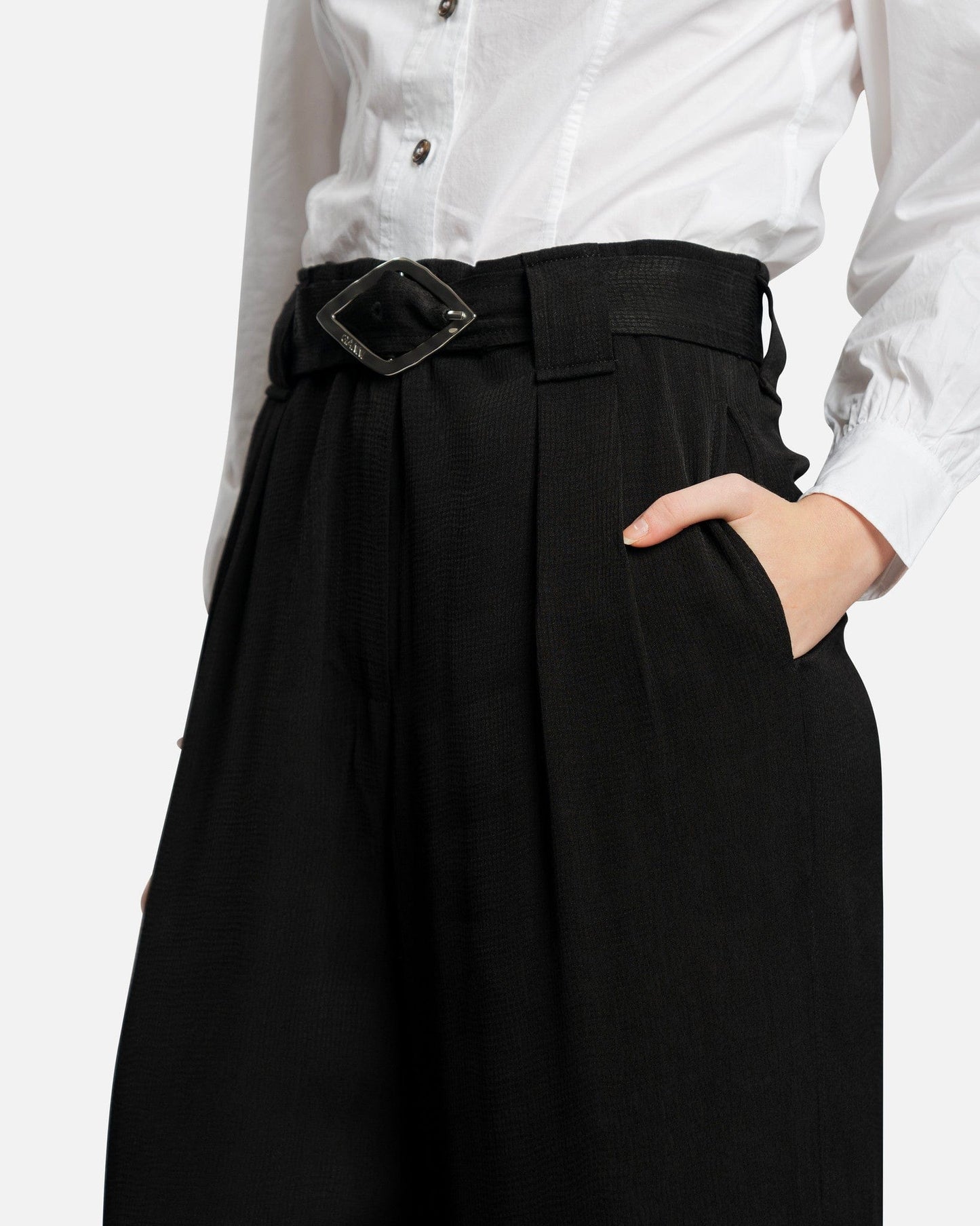 Ganni Women Pants Light Structured Jacquard Wide Pants in Black