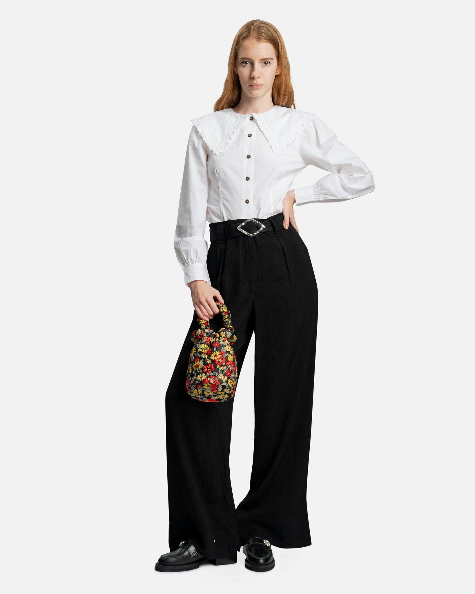 Ganni Women Pants Light Structured Jacquard Wide Pants in Black