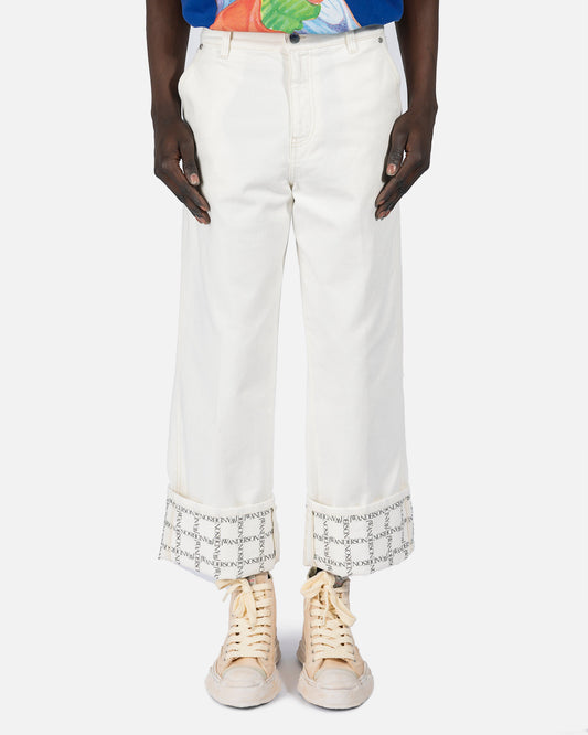 JW Anderson Men's Jeans Logo Grid Cuff Wide Leg Jeans in Off-White