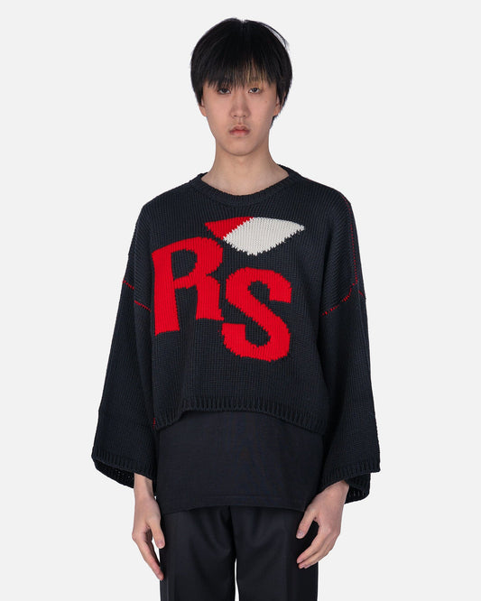 Raf Simons Mens Sweater Loose Fit Cropped Wool Jacquard RS Sweater in Black