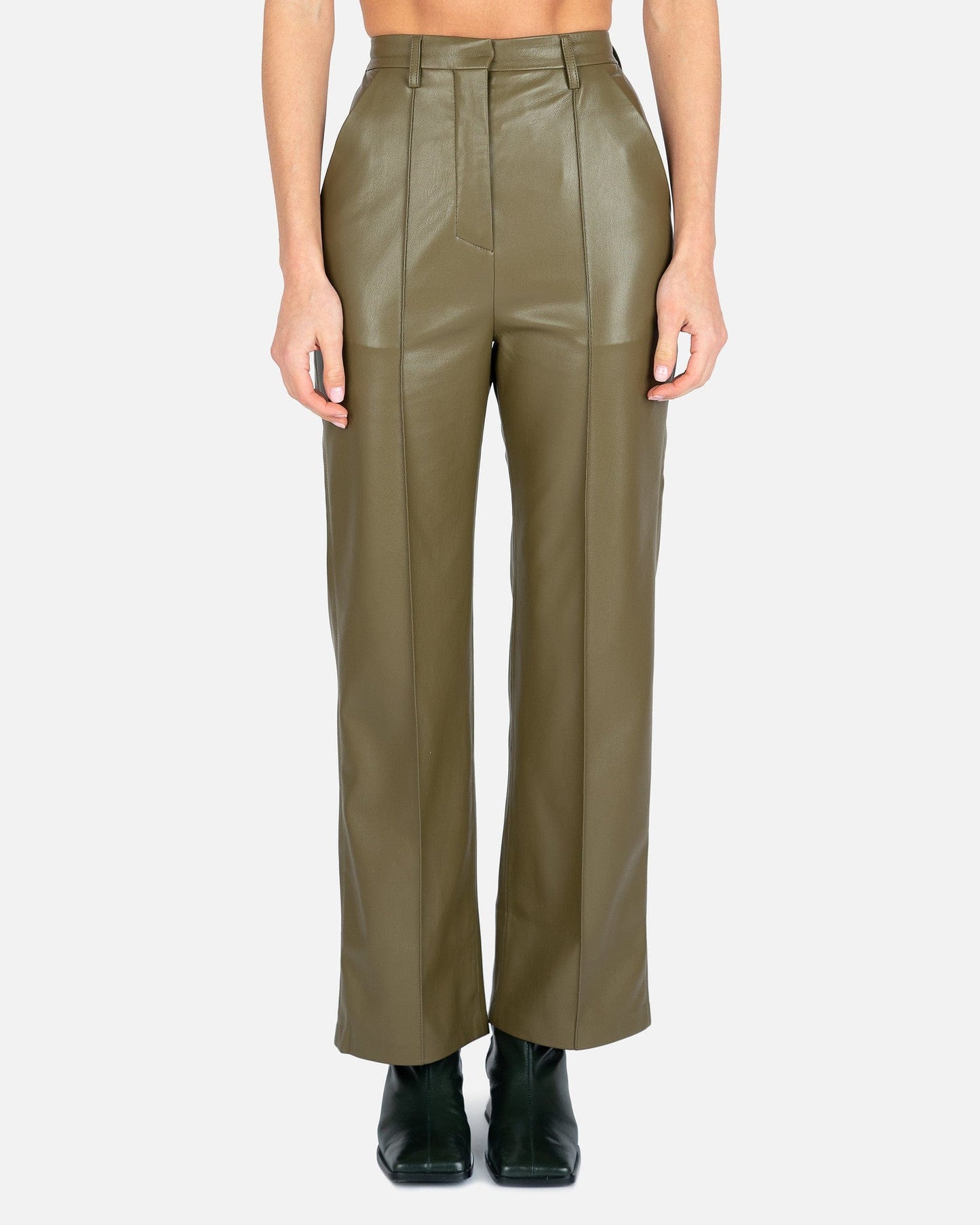 Nanushka Women Pants Lucee Vegan Leather Merrow-Stitch Straight Leg Trousers in Olive