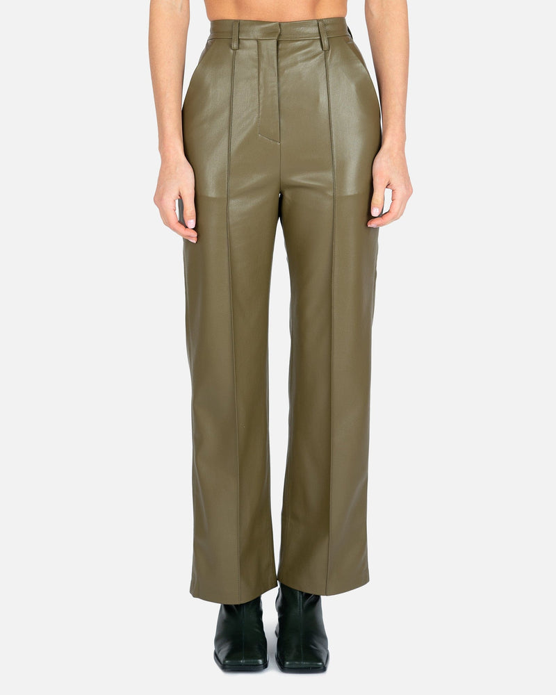 Nanushka Women Pants Lucee Vegan Leather Merrow-Stitch Straight Leg Trousers in Olive